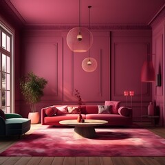 3d style. Luxury living room in trend 2023 color. Viva magenta walls, lounge furniture. Red carmine, cochineal. Empty space for art or picture. Interior design mockup template. Generative Ai.