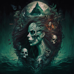 A face of a fantasy woman surrounded by skulls and nature