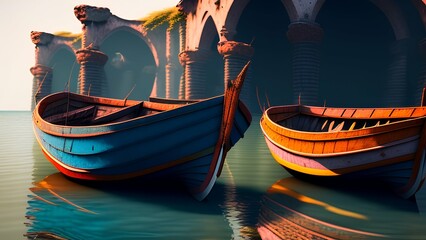 Obraz premium fisherman boats and ruins - Generative AI