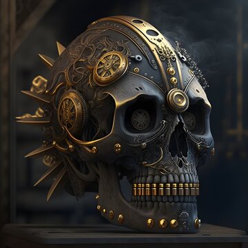 steam powered skull machine gunmetal with gold embellishments factory background photorealistic 