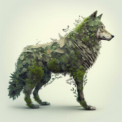A realistic wolf made of leaves and plants