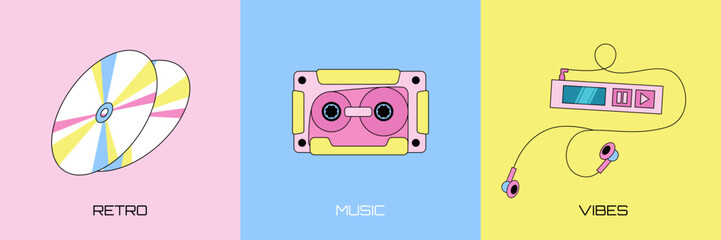 Set of three retro music elements, compact disks, audio cassette and old fashioned mp3 player with earphones on a colorful background. - obrazy, fototapety, plakaty