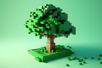 3d illustration render of cubic tree with green leaves and background. Generative Ai. 3D style oak tree. - obrazy, fototapety, plakaty