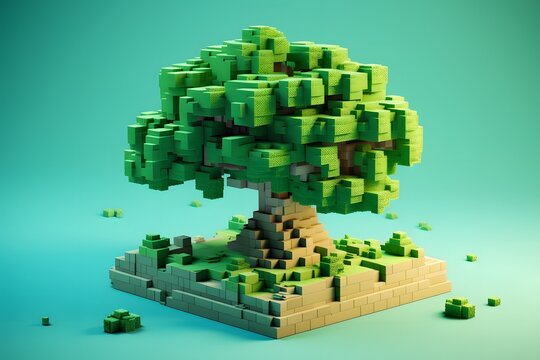 3d illustration render of cubic tree with green leaves and background. Generative Ai. Voxel 3D style oak tree.