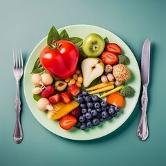 Fototapeta na wymiar Healthy life, plate with vegetables and fruit 3. Created using generative AI