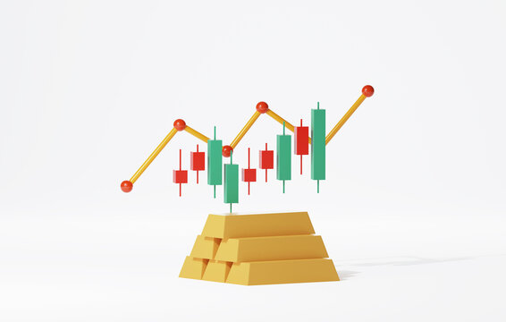 Candlestick chart graphs and gold bars buying and selling gold bullion