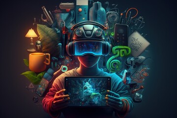 Boy in virtual helmet holding tablet with science and technology icons around him, Generative AI