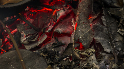 Burning coals in a barbecue, close-up, background