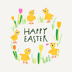 Hand drawn Easter illustration, yellow chicks on the beige background, great for banners, wallpapers, wrapping.