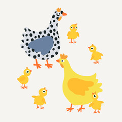 Doodle colored chickens and chicks on a beige background, great for banners, wallpapers, wrapping.