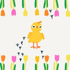 Hand drawn Easter illustration, yellow chicks with tulips and footprints on the beige background, great for banners, wallpapers, wrapping.