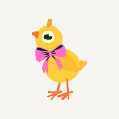 Hand drawn Easter illustration, yellow chicks with pink bow on the beige background, great for banners, wallpapers, wrapping.