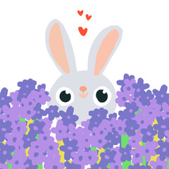 Hand drawn Easter seamless pattern, doodle rabbit hid behind hyacinths, great for banners, wallpapers, wrapping.