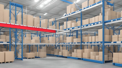 Warehouse interior. Commercial distribution warehouse with shelves and boxes, made by Ai