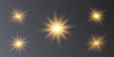 Glowing light explodes, light flash golden color. Beam of the shining sun. Special glare light effect. Bright flash.	