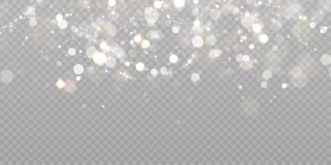 Shiny bokeh background. Illustration of glittery light shimmering bokeh. Light effect with lots of shiny highlights shining on a transparent background for designs for Christmas and New Year.   © Valeriia