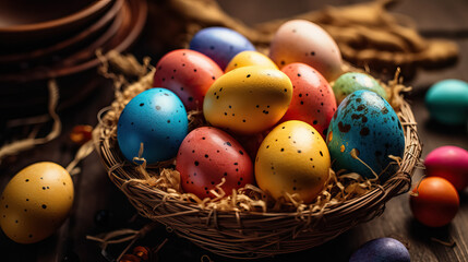 Traditional Orthodox Easter. Easter dotted in a nest on wooden background. Generative AI 
