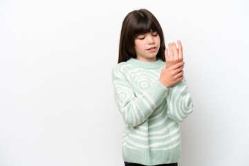 Little caucasian girl isolated on white background suffering from pain in hands