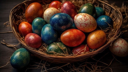 Traditional Orthodox Easter. Easter dotted in a nest on wooden background. Generative AI 