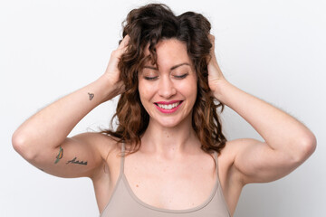 Naklejka premium Young caucasian woman isolated on white background with happy expression. Close up portrait