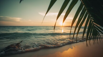 Fototapeta premium Tropical summer seascape with palm leaves, beach and paradise ocean on sunset. Generative AI
