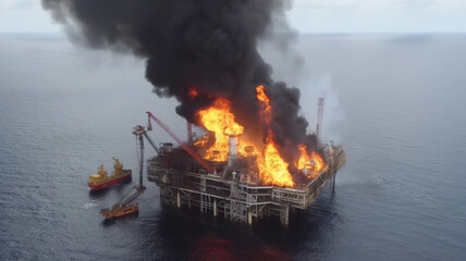 Devastating Oil Rig Fire in the Middle of the Sea: Offshore Platform Burning Catastrophe with Fire and Smoke Engulfing Construction