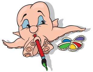 Pink Octopus Holding Red Paintbrush and in Front of her has Seashells with Colors