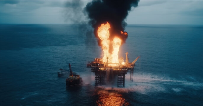 Devastating Oil Rig Fire in the Middle of the Sea: Offshore Platform Burning Catastrophe with Fire and Smoke Engulfing Construction