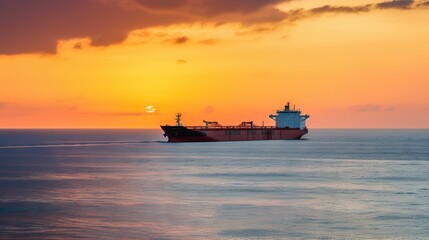 Obraz premium Low angle view on huge fuel tanker ship in the sea on sunset. Generative AI