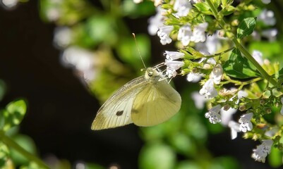 Closeup of a Cabbage white, Pieris rapae small butterfly on the Clinopodium nepeta flowering plant