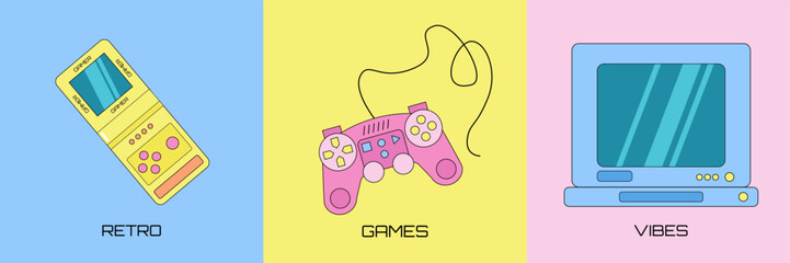 Set of three retro gaming elements, game console, gamepad and old fashioned computer monitor on a colorful background.