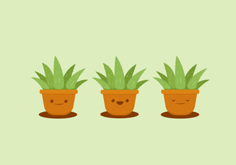 set cute aloevera plant in brown clay pot vector emoji illustration features smile, happy and sleeping expression face