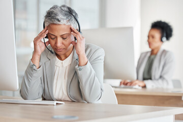 Tired call center woman with headache, fatigue and pain on computer customer support, telecom working or virtual help desk. Burnout agent, stress consultant or manager person with migraine at office