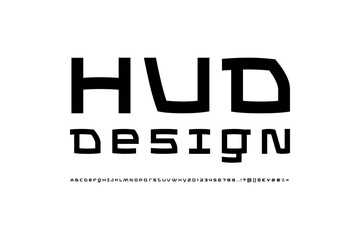 Tech font, digital cyber alphabet, trendy modern Latin letters A-Z and Arab numerals 0-9 made in design future, vector illustration 10EPS