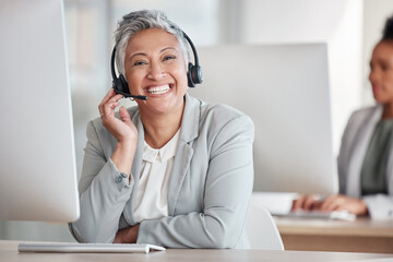 Call center, portrait and happy woman agent, consultant or indian worker in telemarketing service...
