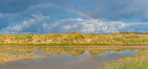 Beautiful landscape of dry river bank with sand dunes and grass