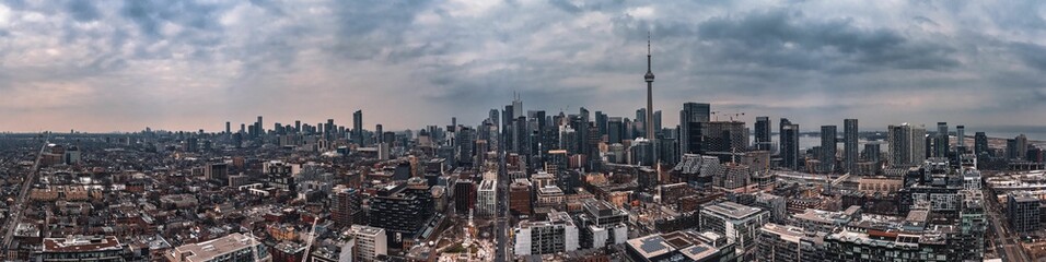 Aerial panoramic view of Toronto on a cloudy day