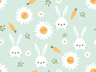 Seamless pattern with bunny rabbit in the hole, daisy flower cartoons on green grass background vector.