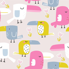 Cute colorful toucans seamless pattern. Childish print with birds. Vector hand drawn illustration. - 590459938
