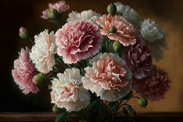 Sweet bouquet of pink and white carnations. Crated using generative AI.