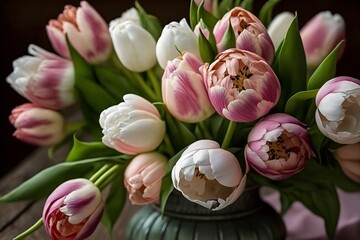 Fototapeta premium Soft bouquet of pink and white tulips. Crated using generative AI.