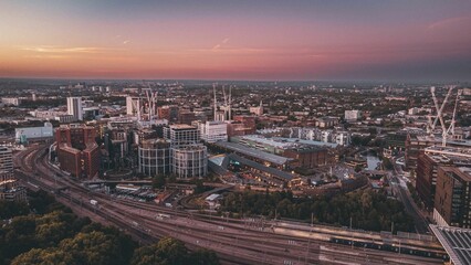 Aerial view of a cinematic sunset over the King's Cross in Granary Square, London