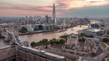 Aerial view of the Tower Bridge at dusk as seen from St. Katharine Docks, London