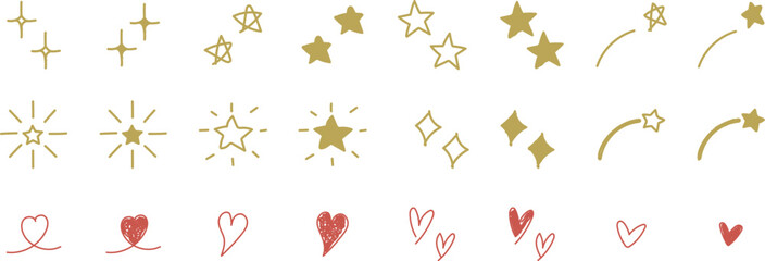 かわいい手描きのあしらいセット（キラキラ・ハート）赤　黄色　金色