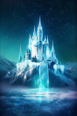 fantasy glowing ice castle in mountain landscape