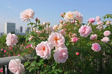 garden of pink roses on city background