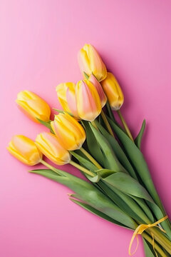bouquet of yellow tulips on a pink background top view