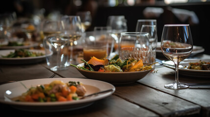 Close-up shots of plates of food or drinks on tables