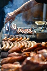 a woman is making hot dogs for sale at a festival