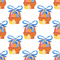 Hand drawn Easter seamless pattern, doodle colorful easter eggs in a basket with a bow, great for banners, wallpapers, wrapping.